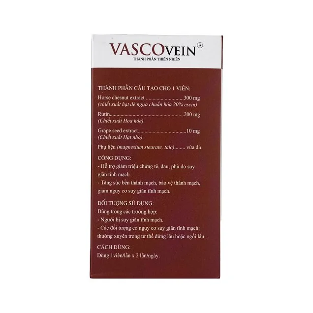 Vascovein hỗ trợ giảm triệu chứng suy giãn tĩnh mạch hộp 30 viên