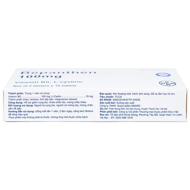 Viên uống Bepanthen 100mg Smard hỗ trợ giảm rụng tóc, khỏe chân tóc, móng chắc khỏe (2 vỉ x 10 viên)