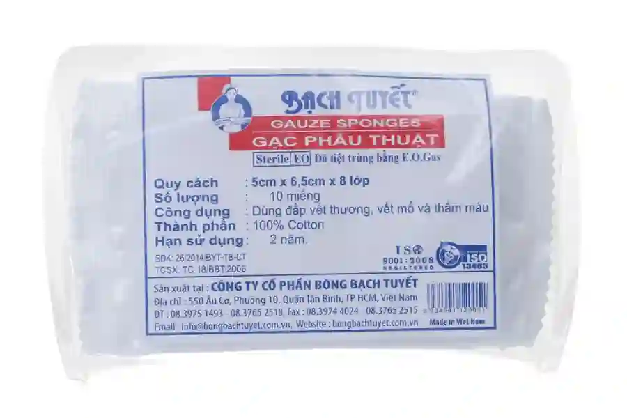 Gạc phẫu thuật Bạch Tuyết túi 10 miếng (5cm x 6.5cm x 8 lớp)