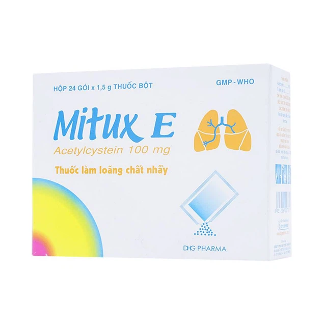 Thuốc bột uống Mitux E 100mg DHG Pharma làm loãng chất nhầy (24 gói x 1,5g)