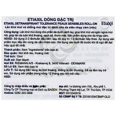 Lăn khử mùi EtiaXil Détranspirant Tolérance Transpiration excessive 15ml đặc trị dành cho da siêu nhạy cảm