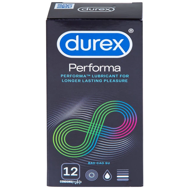 Bao cao su Durex Performa có gel bôi trơn, kéo thời điểm cực khoái trong lúc quan hệ (12 cái)