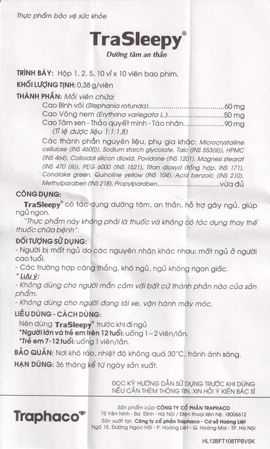 Viên uống TraSleepy Traphaco dưỡng tâm an thần, hỗ trợ gây ngủ, giúp ngủ ngon (2 vỉ x 10 viên)