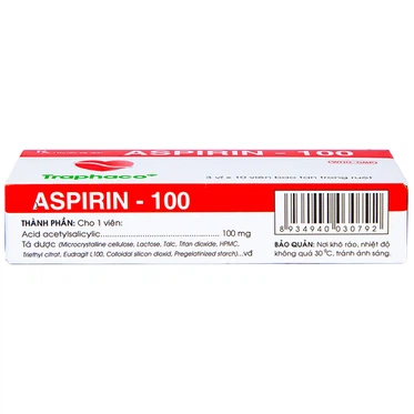 Aspirin 100-Traphaco-hộp 3vỉ*10viên dự phòng nhồi máu cơ tim và đột quỵ