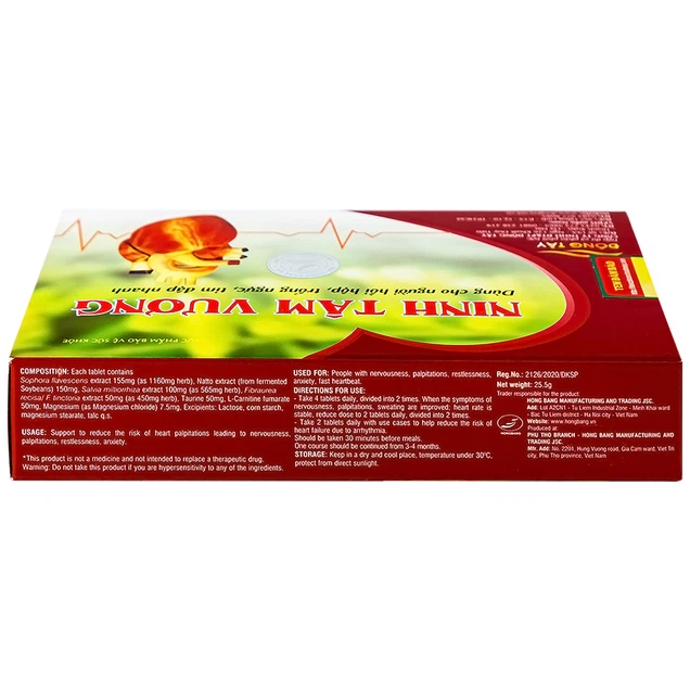 Viên uống Ninh Tâm Vương Hồng Bàng dùng cho người hồi hộp, trống ngực, tim đập nhanh (3 vỉ x 10 viên)