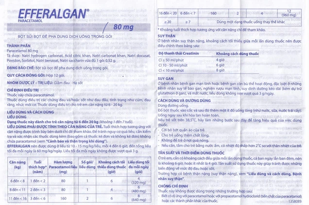 Bột sủi Efferalgan 80mg UPSA SAS giảm đau, hạ sốt (12 gói)