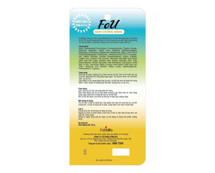 Kem chống nắng FoU SPF50+-Dưỡng ẩm, Nâng tông, làm mát da-Fobelife