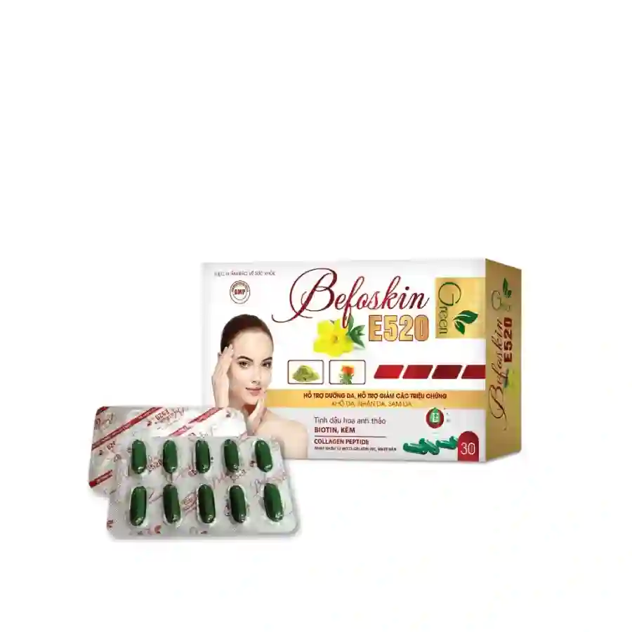Viên Uống Dưỡng Da Befoskin E520 Green – Giúp Giảm Khô Da, Nhăn Da, Sạm Da – Tăng Độ Ẩm Và Đàn Hồi Cho Da – Hộp 30Viên
