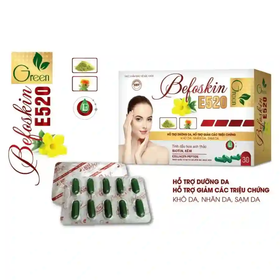 Viên Uống Dưỡng Da Befoskin E520 Green – Giúp Giảm Khô Da, Nhăn Da, Sạm Da – Tăng Độ Ẩm Và Đàn Hồi Cho Da – Hộp 30Viên