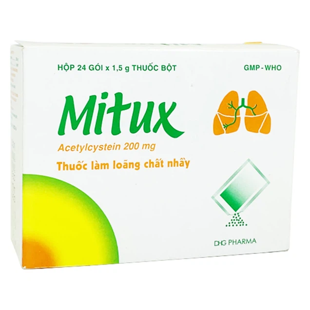 Thuốc bột uống Mitux 200mg DHG Pharma làm loãng chất nhầy đường hô hấp (24 gói x 1,5g)