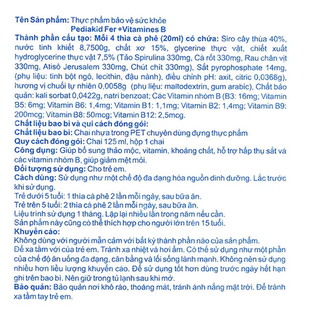 Siro Pediakid Fer + Vitamines B giúp bổ sung thảo mộc, Vitamin, khoảng chất