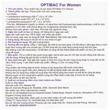 Viên uống Optibac For Women Optibac Probiotics bổ sung lợi khuẩn hỗ trợ sức khỏe nữ giới (90 viên)