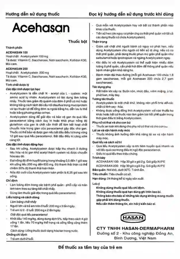 Thuốc Acehasan 200 làm loãng đờm trong các bệnh phế quản - phổi cấp và mãn tính (30 gói)