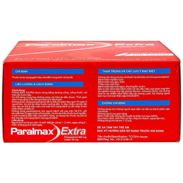 Viên nén Paralmax Extra 500mg/65mg Boston giảm đau nhẹ đến trung bình và hạ sốt 